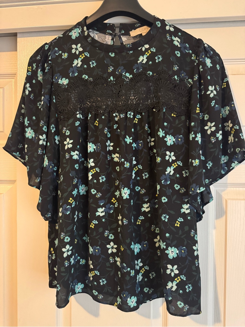 LOFT Black Floral Lace-Yoke Flutter Sleeve Top